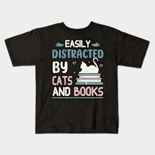 easily distracted by cats and books Kids T-Shirt